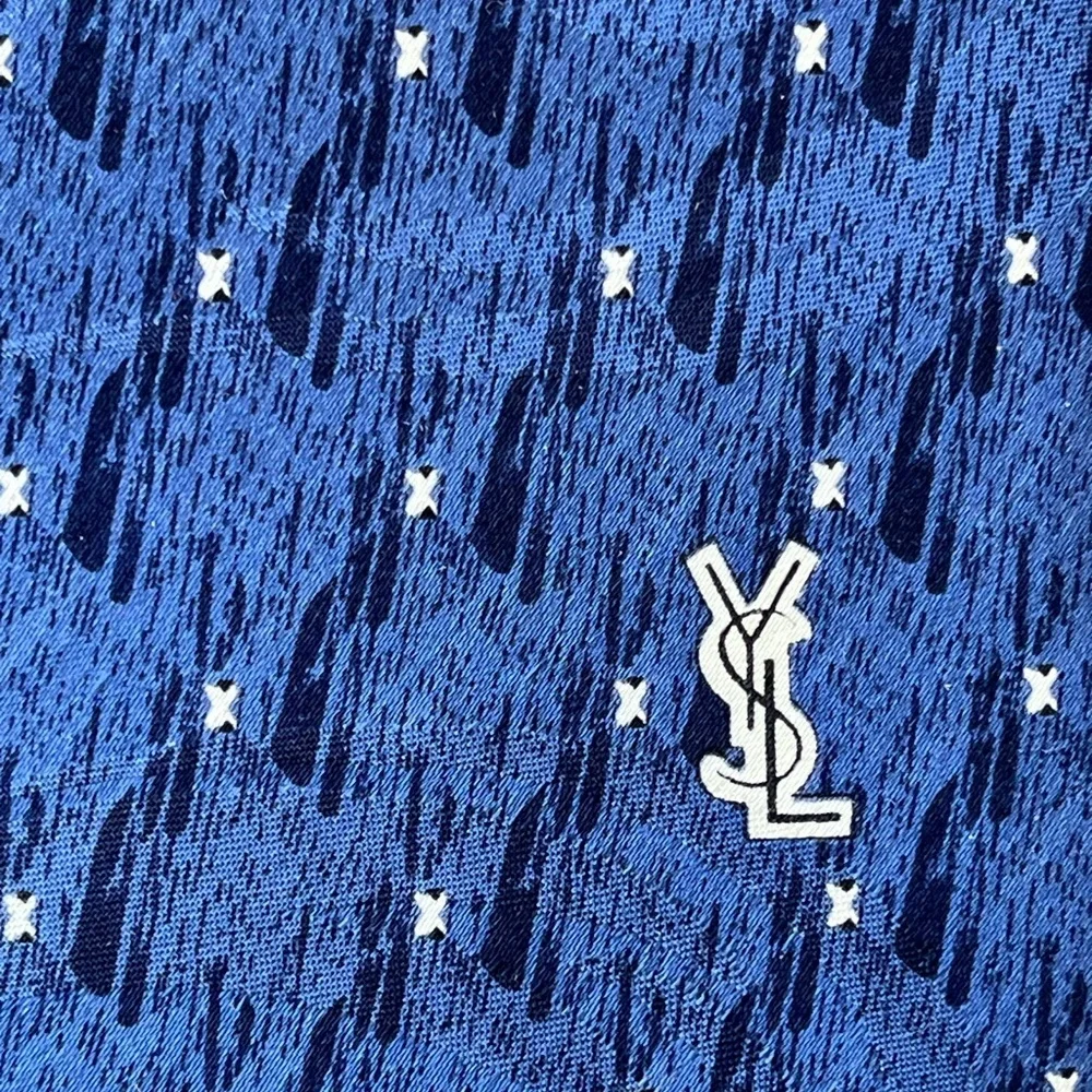 Yves Saint Laurent 100% Silk Tie Blue Black White Design Designer Logo Old Money